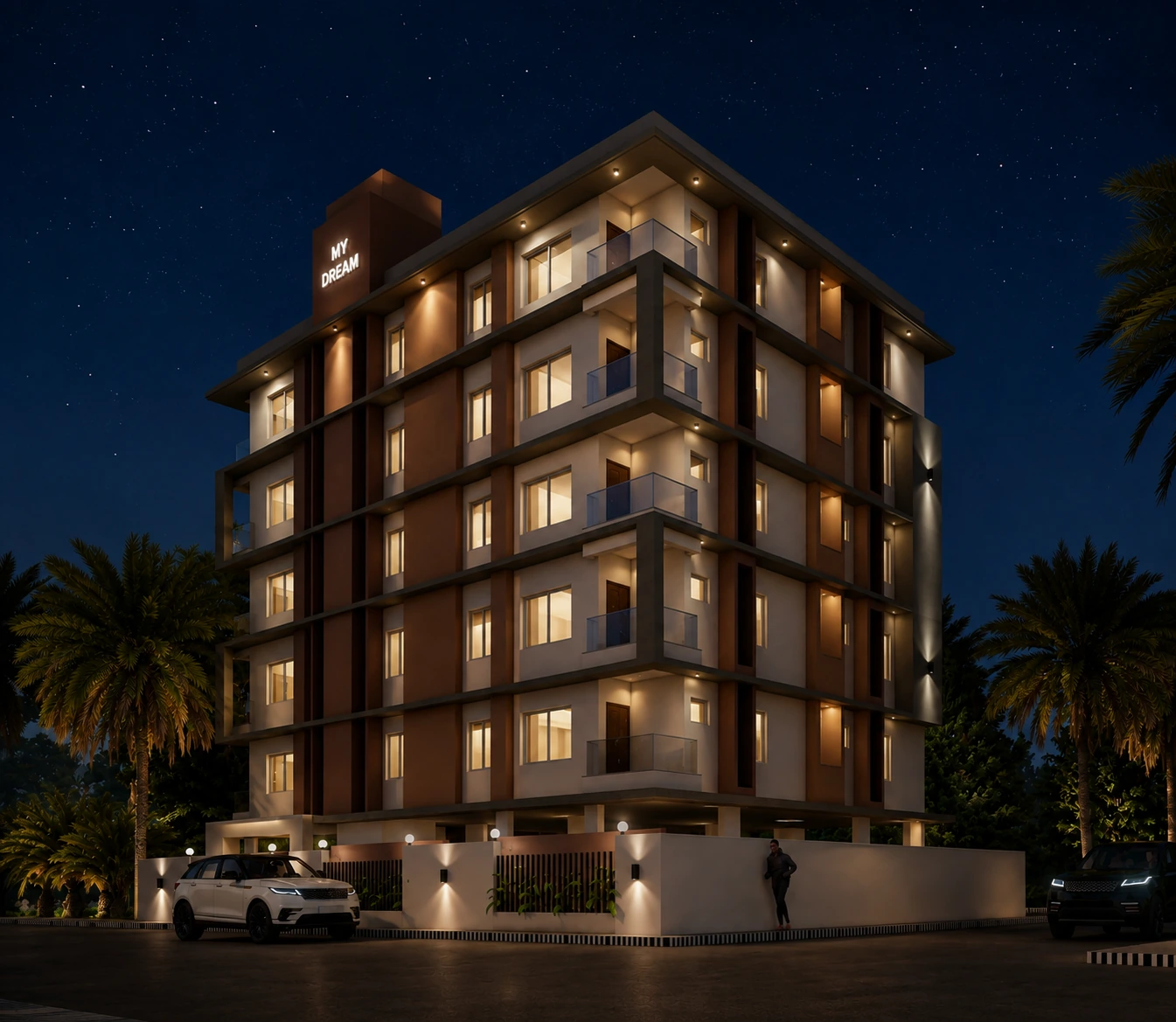My Dream Atlantis residential apartment elevation in Ameenpur — night view