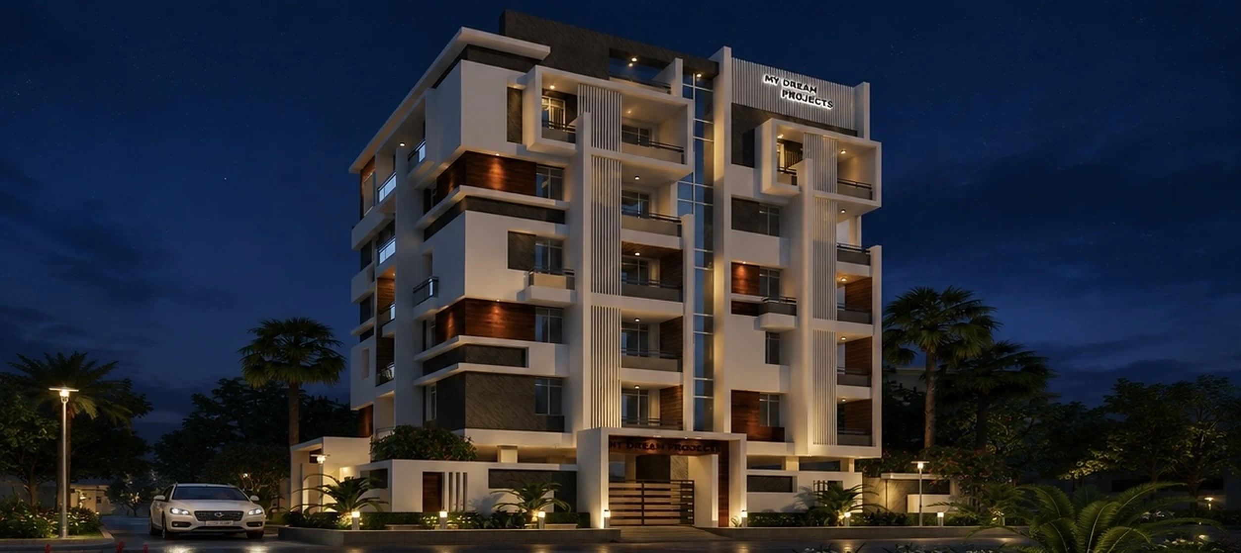 My Dream Griffin residential apartment elevation in Ameenpur — night view