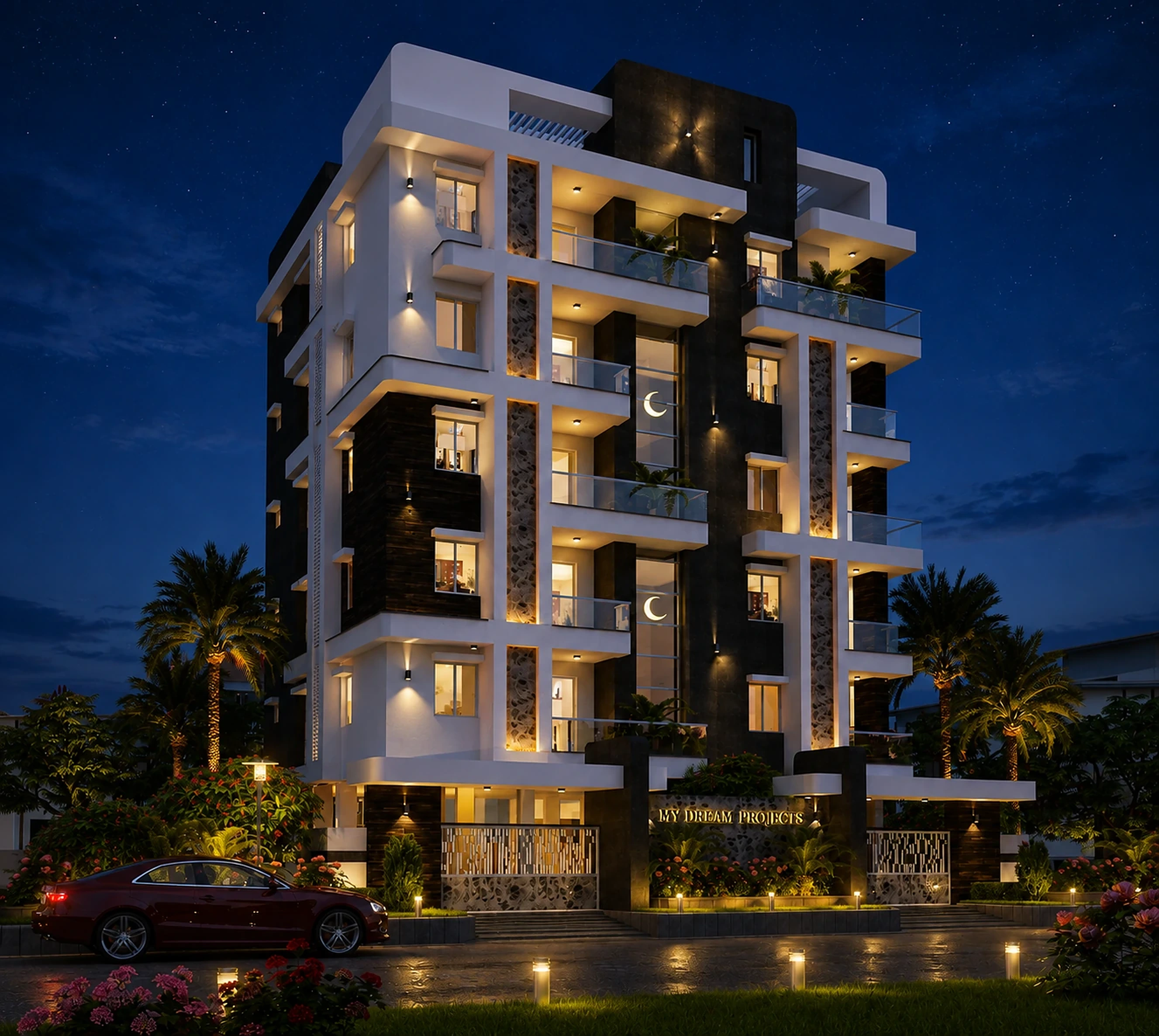 My Dream Hillock residential apartment elevation in Ameenpur — night view