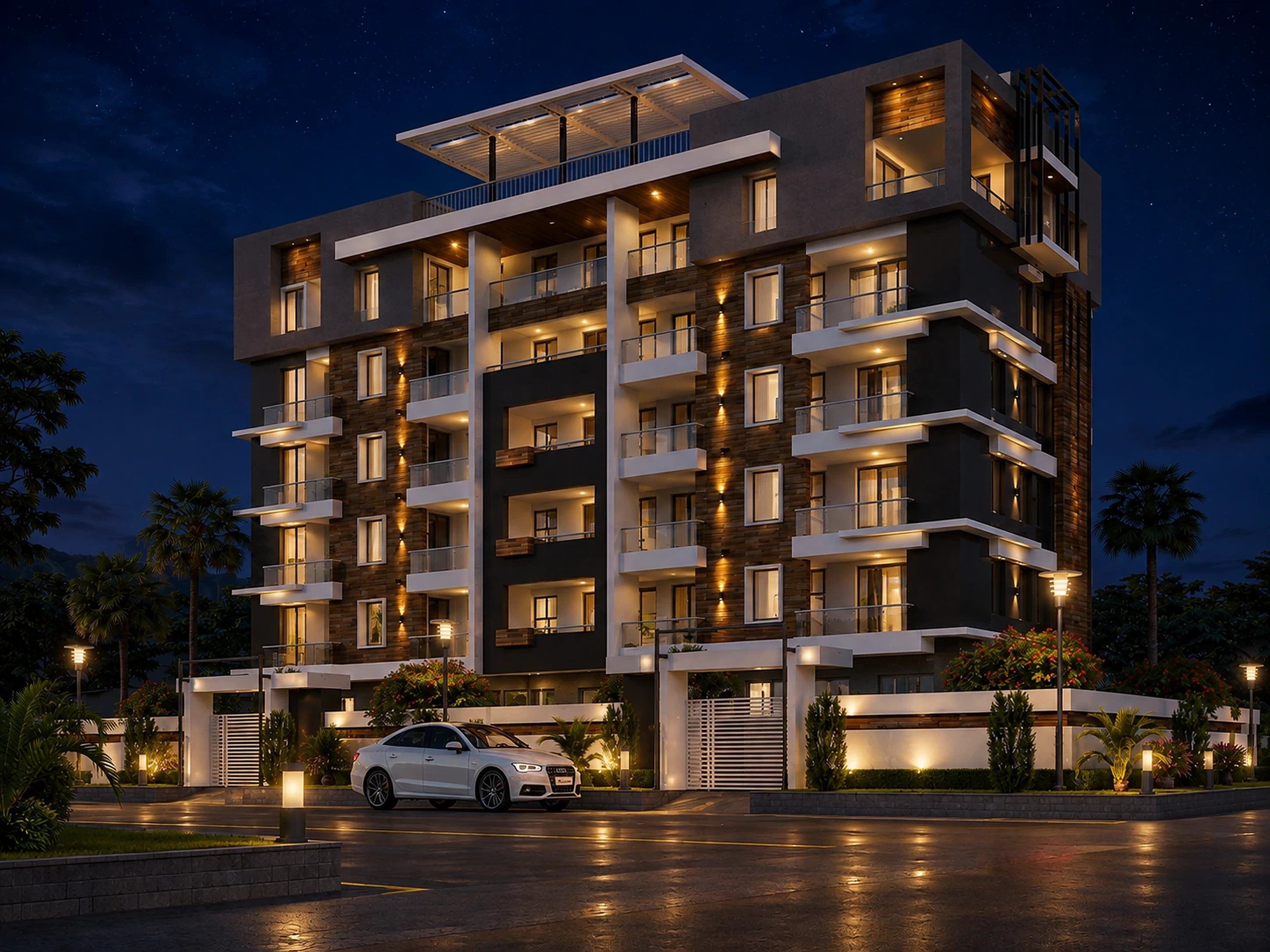 My Dream Skylark residential apartment elevation in Ameenpur — night view